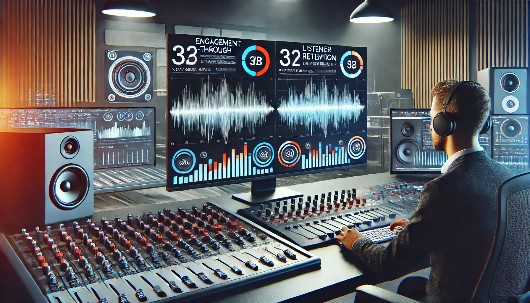 Image showing two computer screens with different audio waveforms, representing an A/B test for optimizing audio strategies.