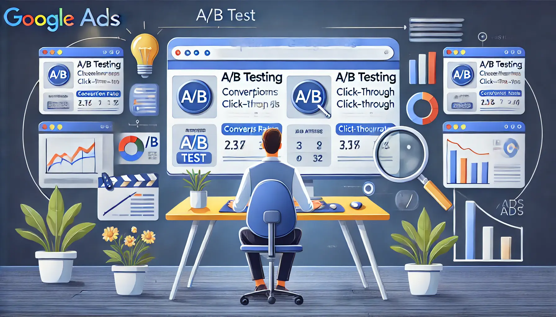 A marketer working on a computer displaying A/B test versions of ads, with data like conversion rates and graphs.