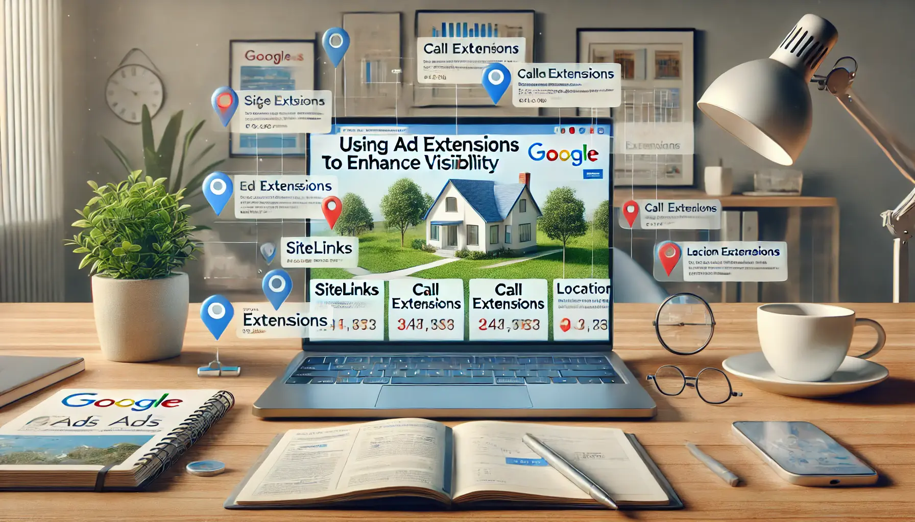 A digital marketing workspace with a laptop displaying Google Ads ad extensions such as sitelinks, call extensions, and location extensions.