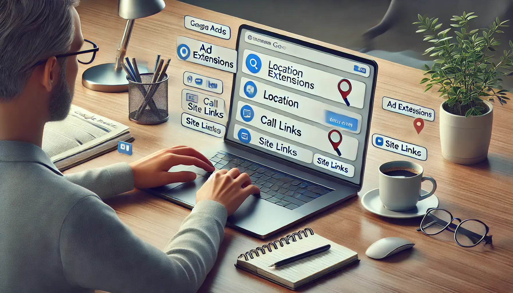 A small business owner configuring their Google Ads campaign with ad extensions like location, call, and site links on a laptop.