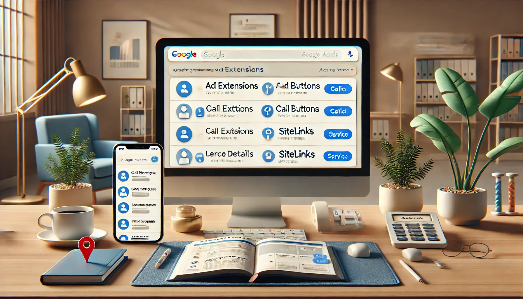 An image displaying a Google Ads interface with ad extensions like call buttons and sitelinks, surrounded by a professional therapy workspace setup.