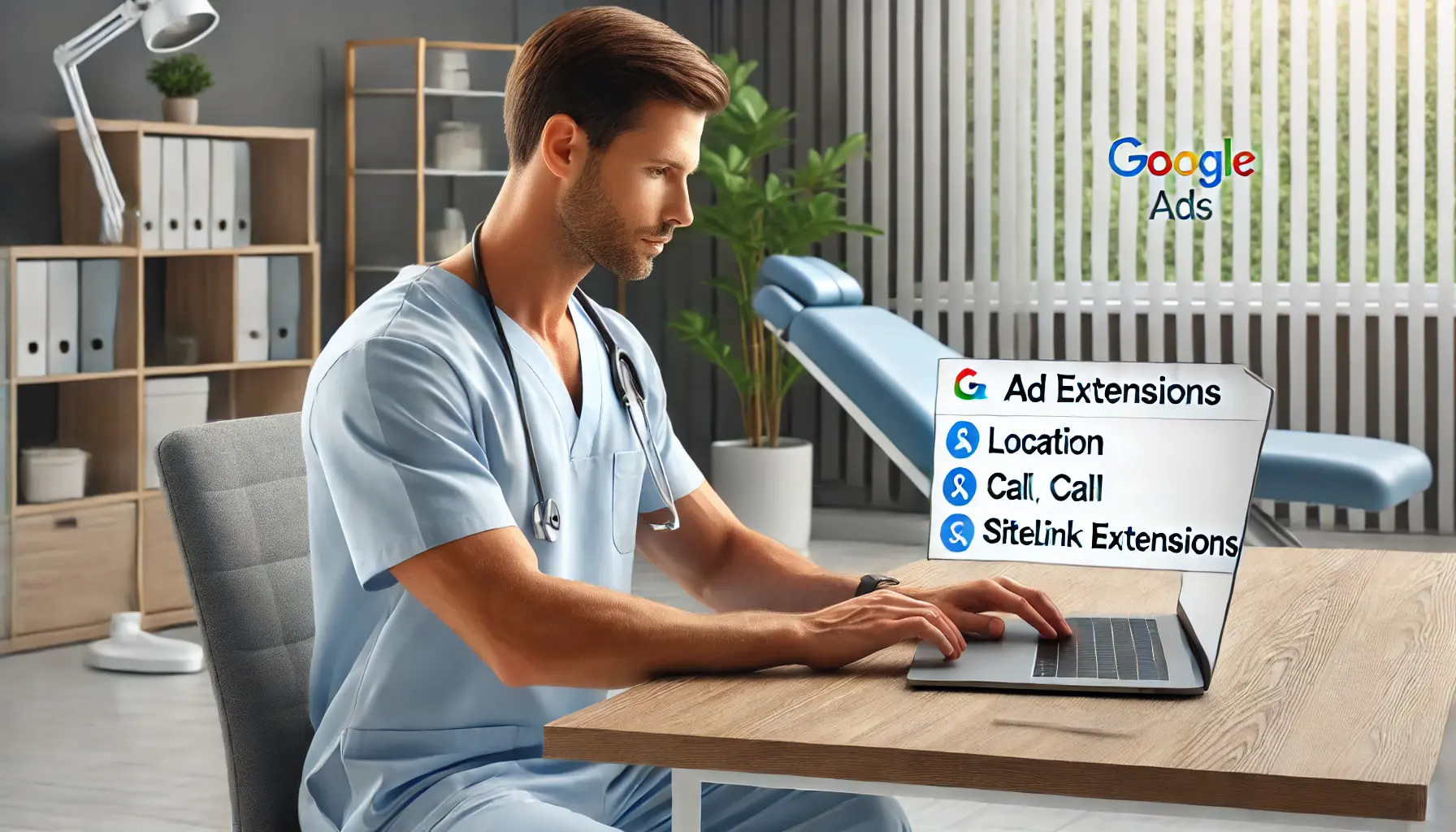 A chiropractor reviewing Google Ads ad extensions like location and call extensions on a laptop in a modern clinic.