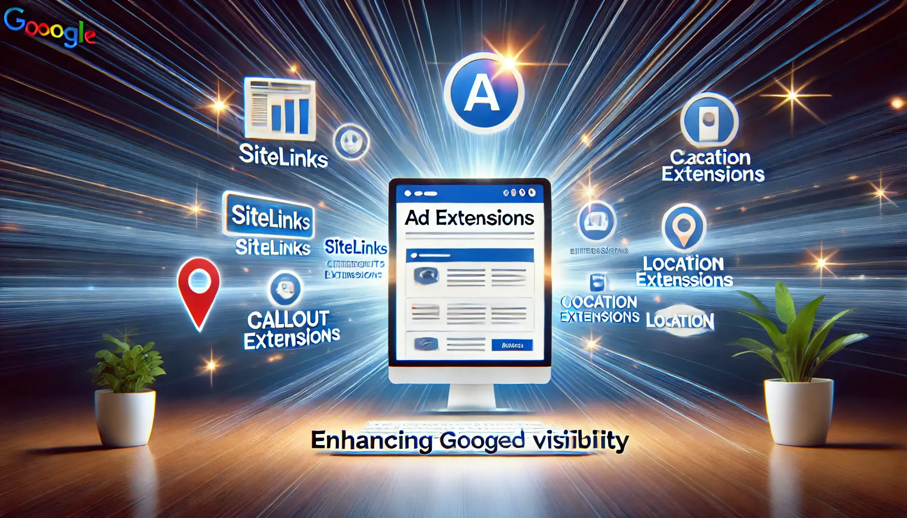 An illustration of using ad extensions to increase visibility, featuring a digital ad with icons for sitelinks, callouts, and location extensions.