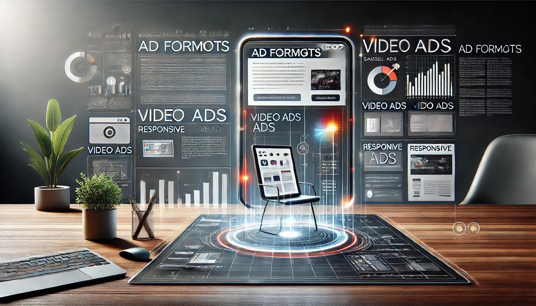 Abstract image illustrating the use of ad formats like carousel, video, and responsive ads to showcase key product information.