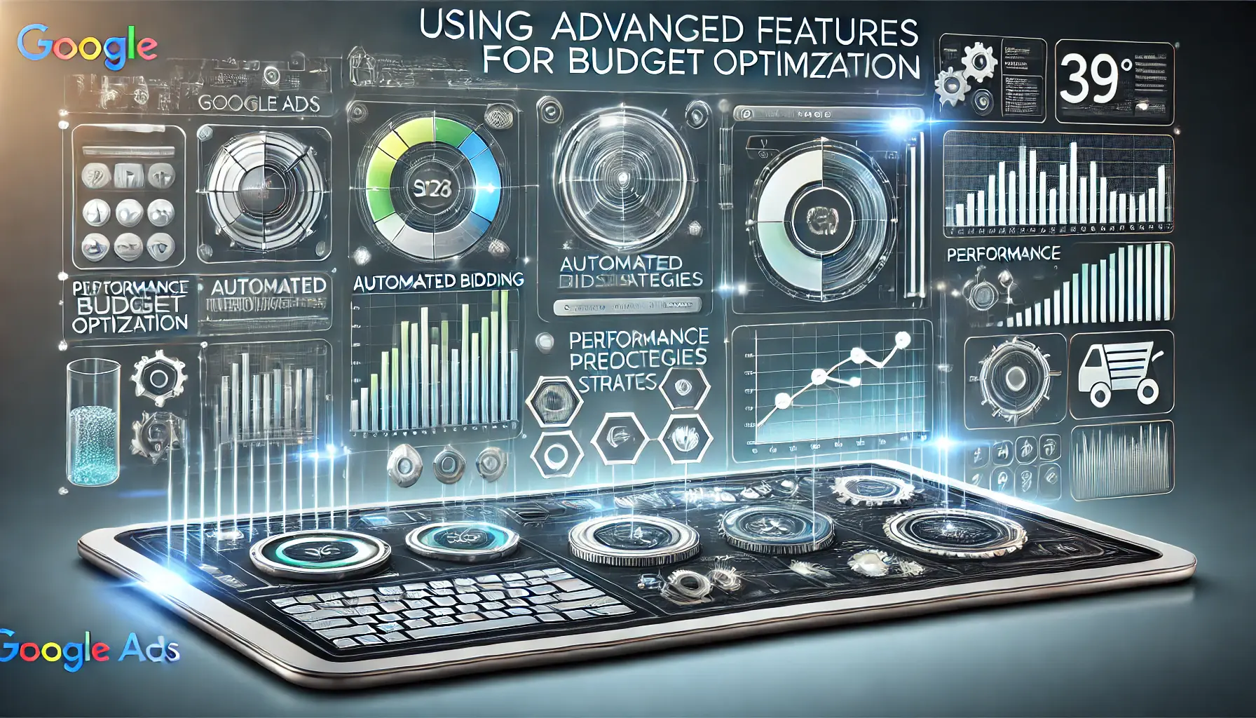 Digital dashboard with automated bidding strategies, performance prediction graphs, and optimization sliders for Google Ads.