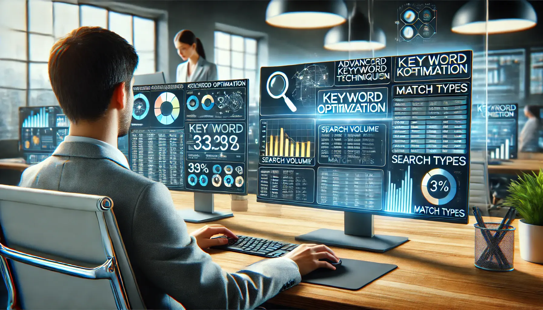 A digital marketing professional using advanced keyword optimization techniques on a computer screen, with visualizations of keyword performance, search volume, and match types in a modern office setting.