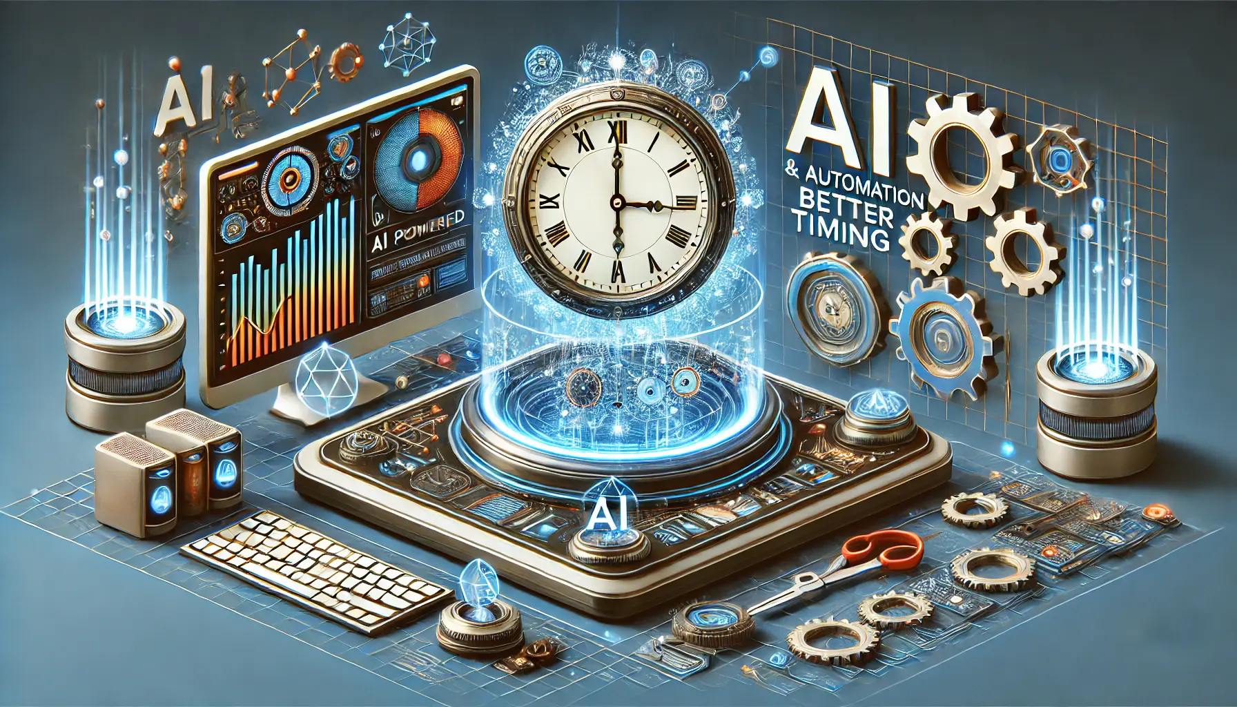 An image featuring a digital dashboard with AI tools and automated systems, surrounded by gears and neural network patterns, with a clock symbolizing timing in digital advertising.