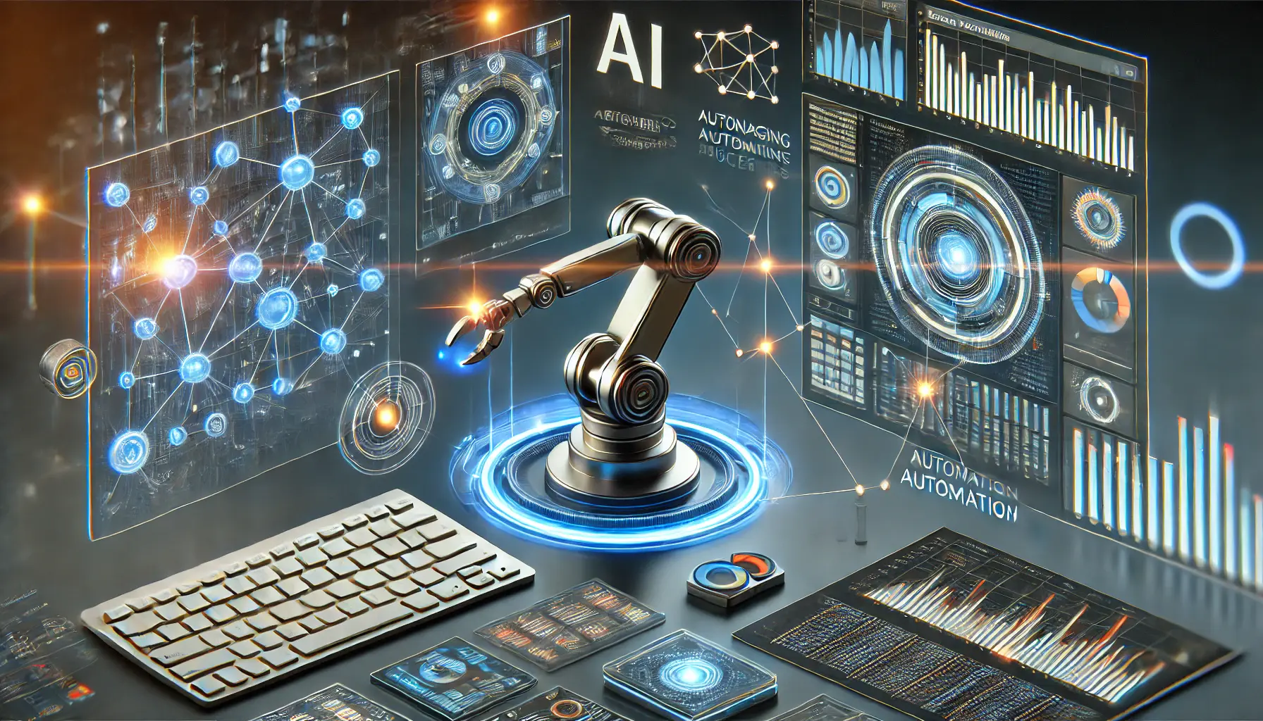 Illustration of AI and automation in keyword management, featuring advanced dashboards, robotic arms managing data, and glowing AI tools in a futuristic workspace.