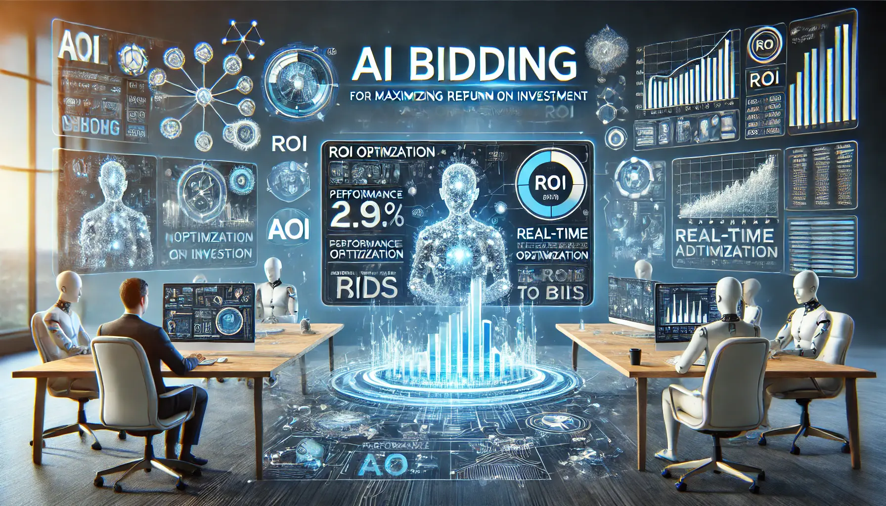 An image illustrating AI bidding used for maximizing ROI, featuring optimization graphs, performance data, and AI elements like algorithms and neural networks.