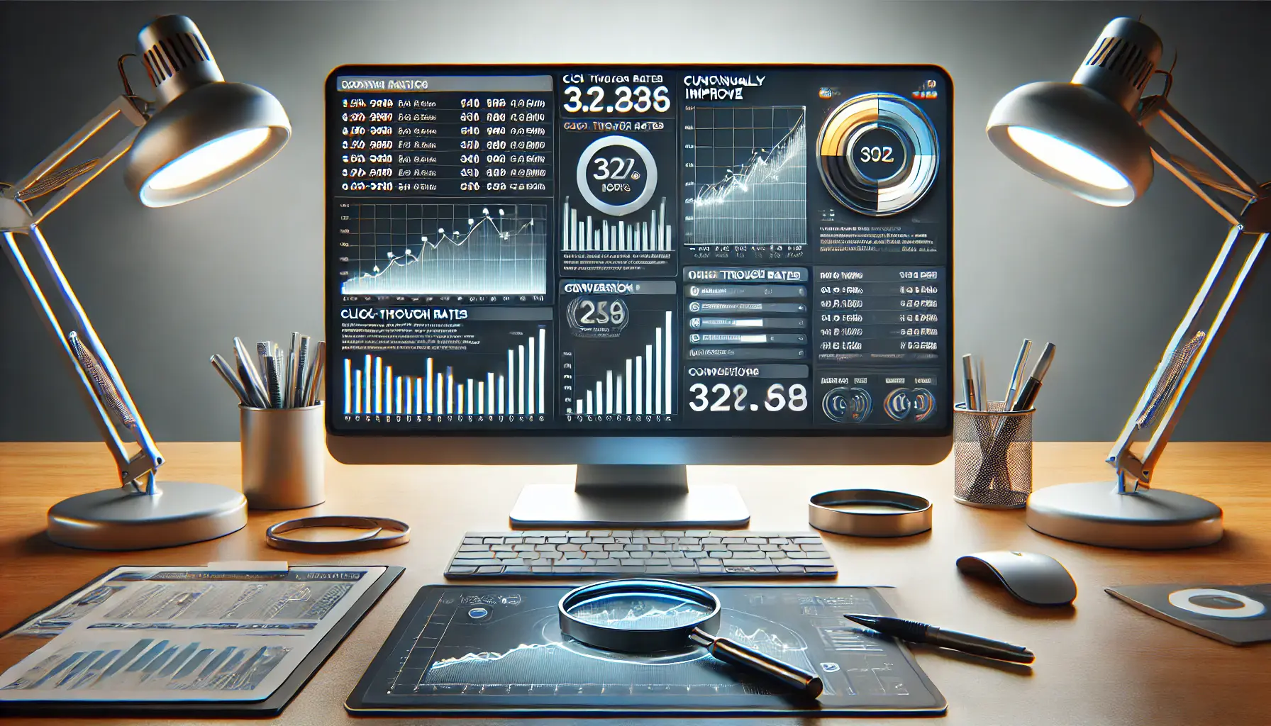 A computer screen displaying an analytics dashboard with graphs and metrics like click-through rate, conversion rate, and viewability.