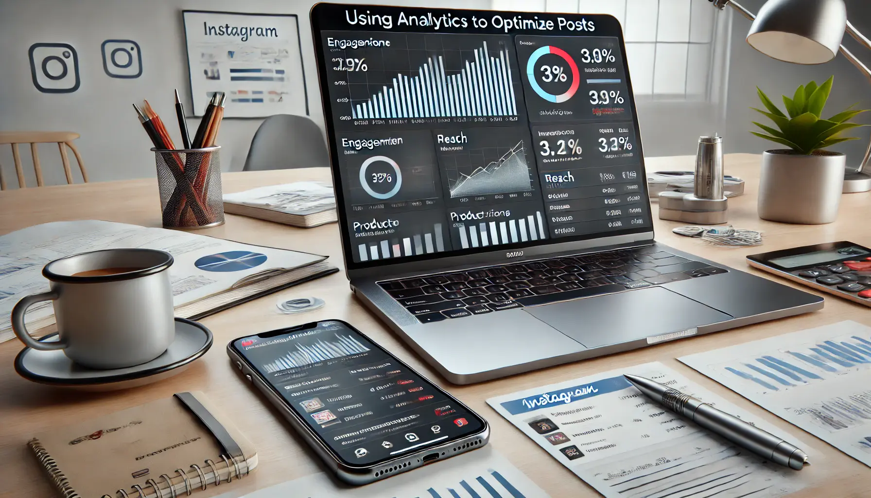 A workspace with a laptop displaying Instagram analytics and graphs showing engagement, along with a smartphone preview of an Instagram post.