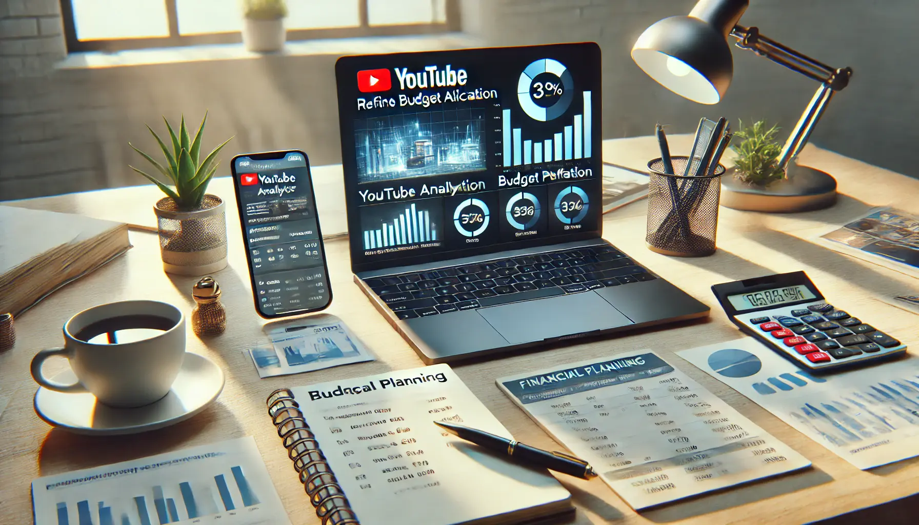 A workspace with a laptop displaying YouTube analytics and budget performance data, a smartphone with real-time metrics, and a notepad for financial planning, symbolizing the use of analytics to optimize budget allocation.