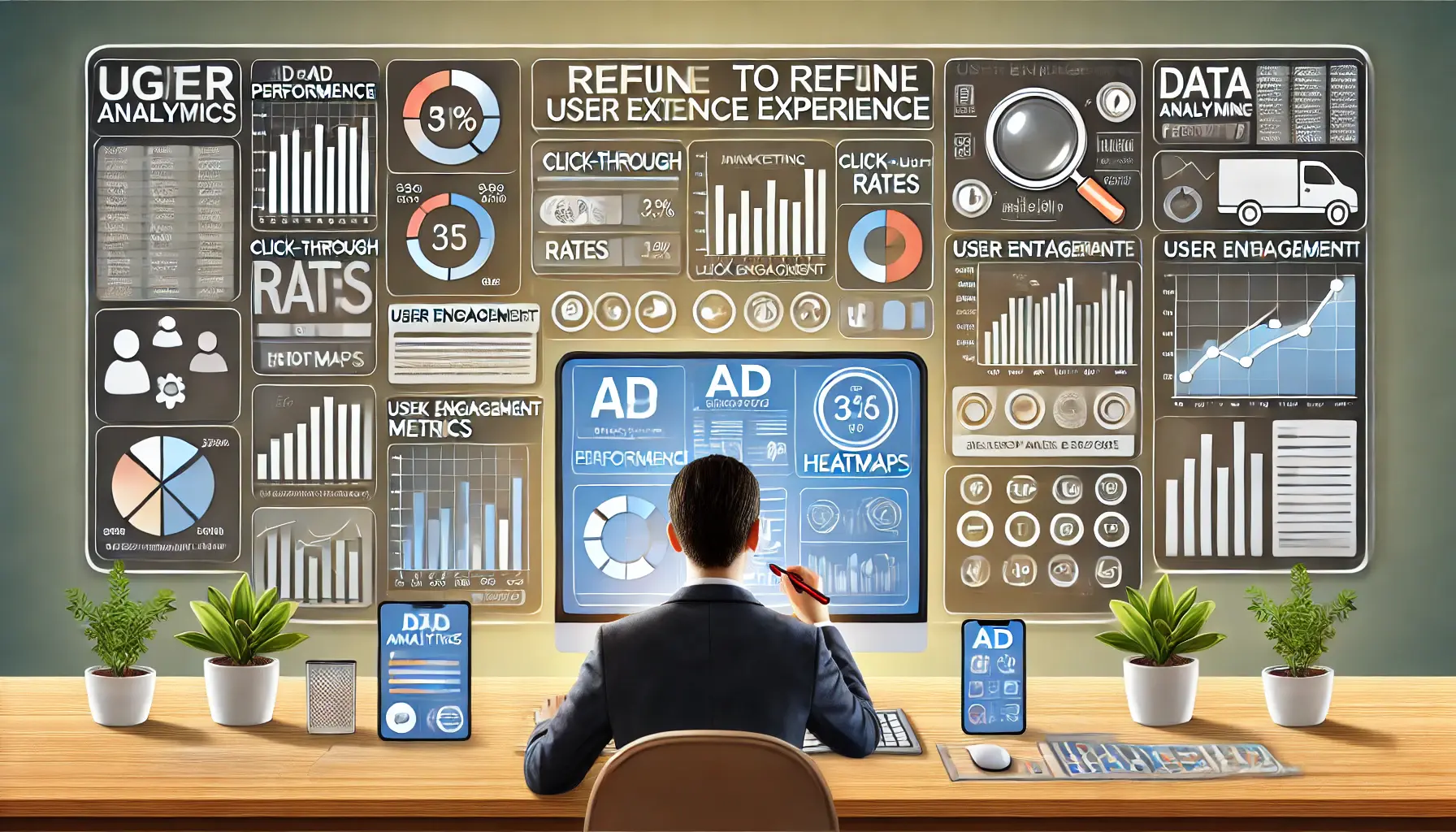 Image showing a marketer analyzing a digital dashboard with analytics, including graphs, user engagement metrics, and heatmaps across multiple devices.