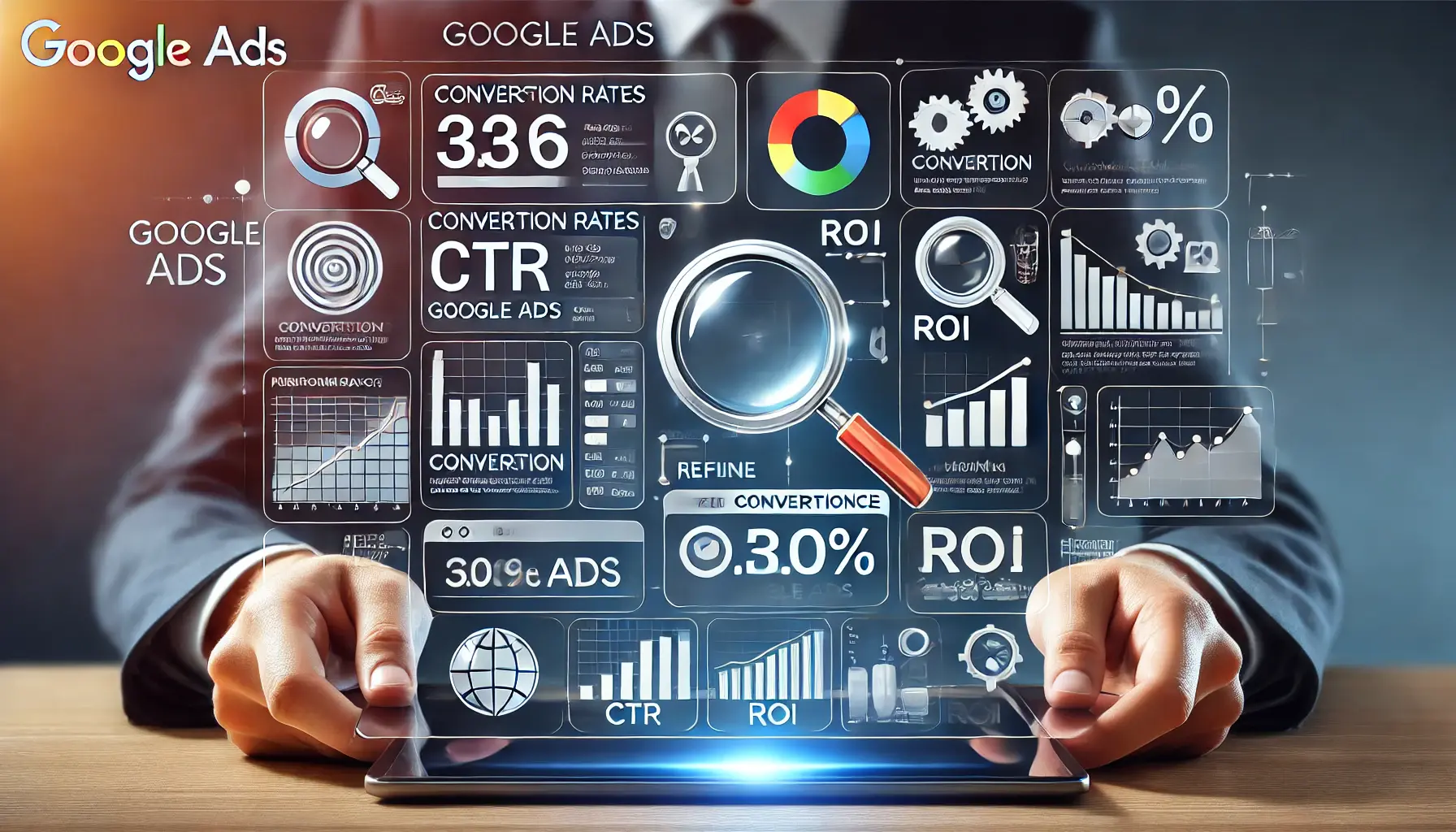 An illustration representing the use of analytics to refine Google Ads campaigns, featuring a digital dashboard with performance metrics like conversion rates, CTR, and ROI.