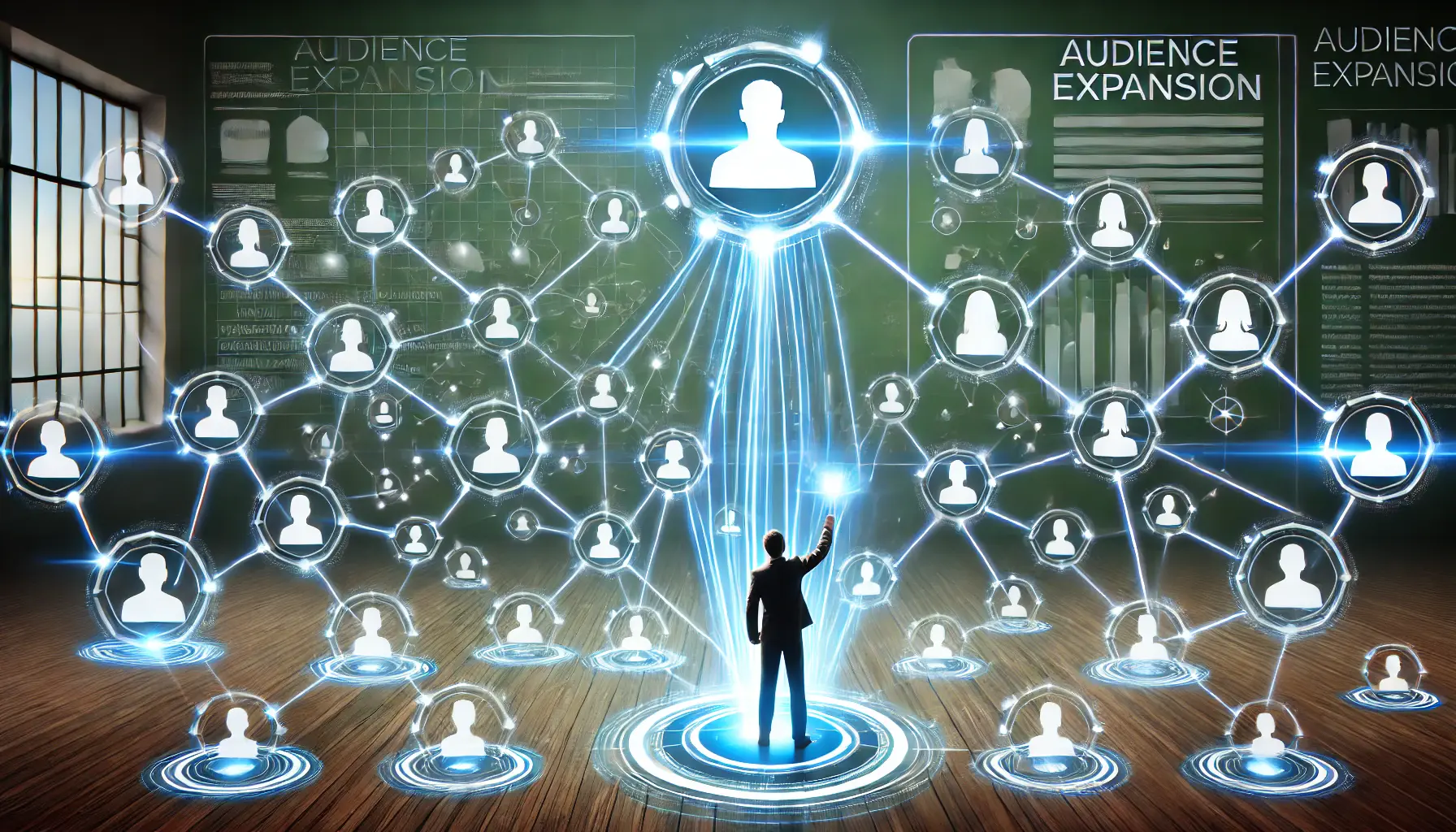 An image illustrating audience expansion in digital advertising, with a growing network of user profiles and data points.