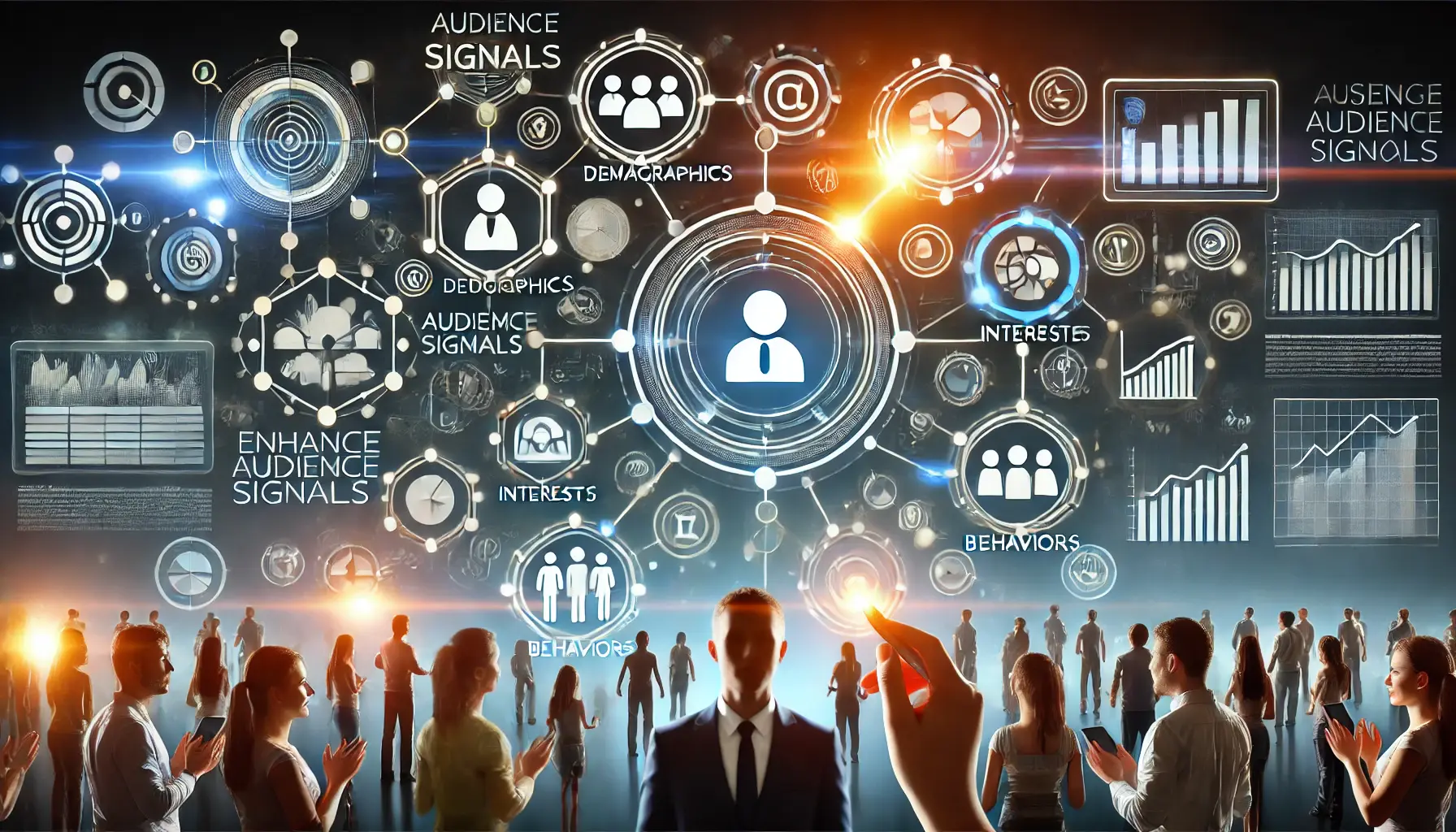 A visual representation of using audience signals to enhance performance, showcasing audience segments and platforms with dynamic data flows.