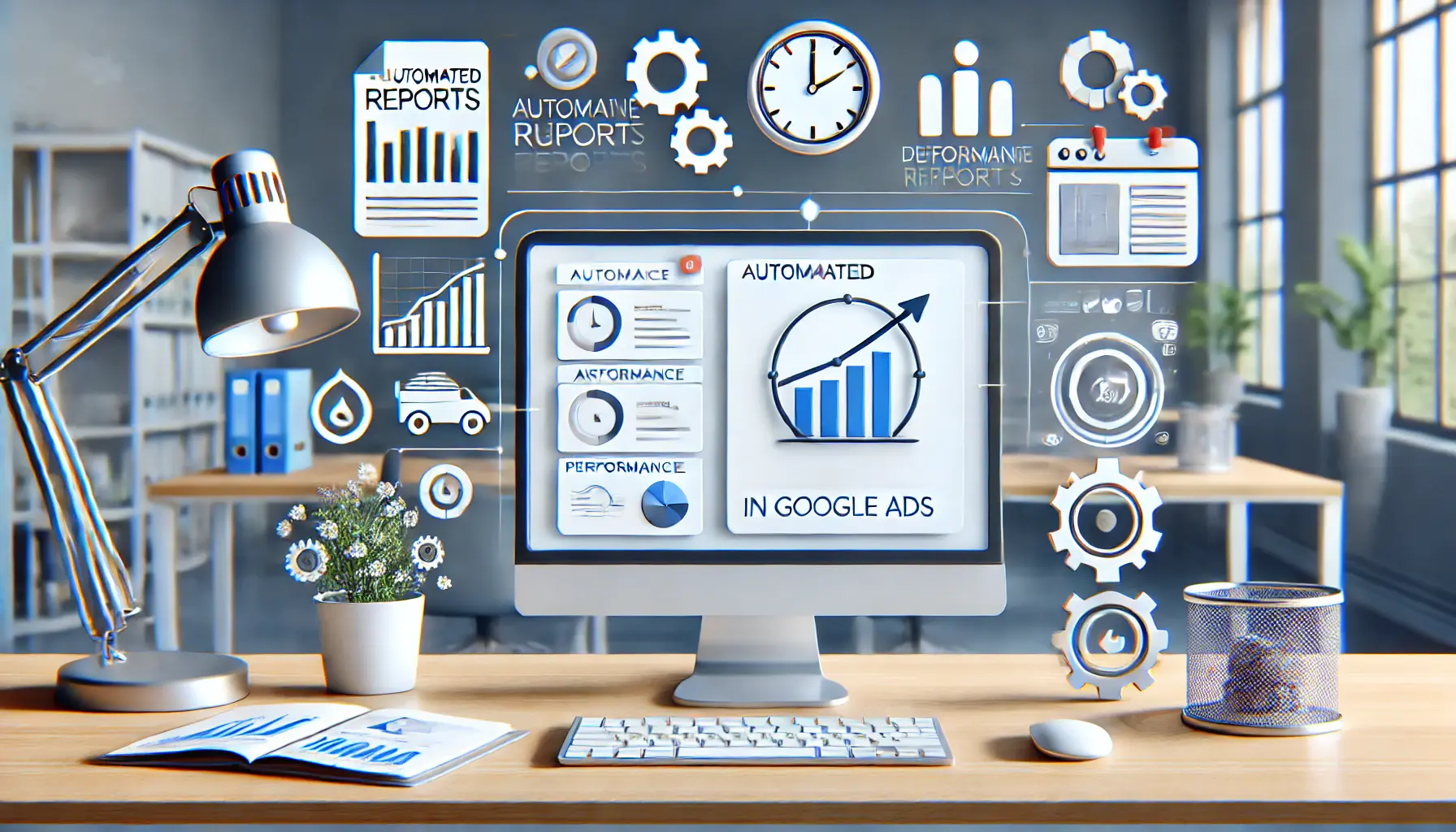 A modern workspace with a desktop screen displaying automated report summaries and performance graphs.