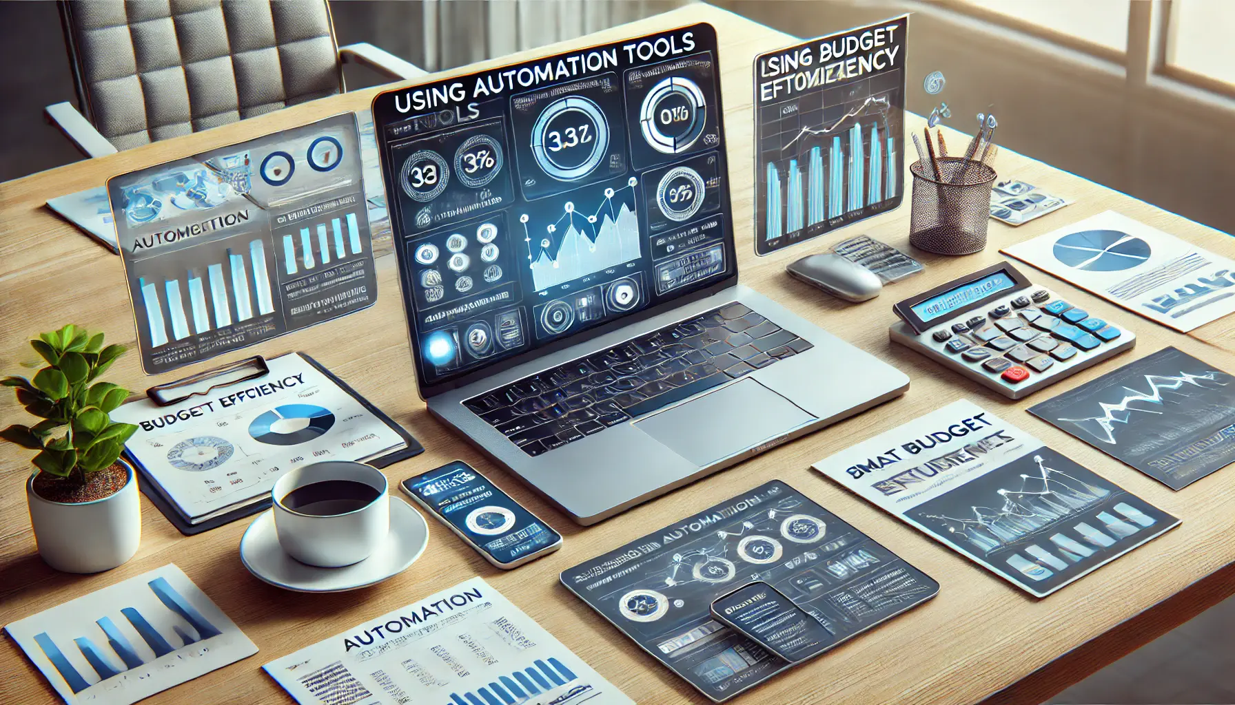 A modern workspace with a laptop displaying automated bidding and budget optimization tools, reflecting a tech-driven approach to budget efficiency.