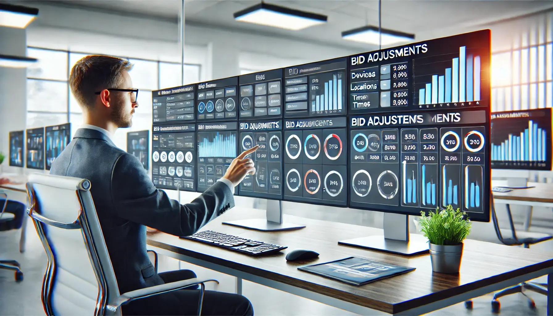 A digital marketing professional adjusting bids for devices, locations, and times on multiple screens in a modern office, with bid adjustment sliders and graphs visible.