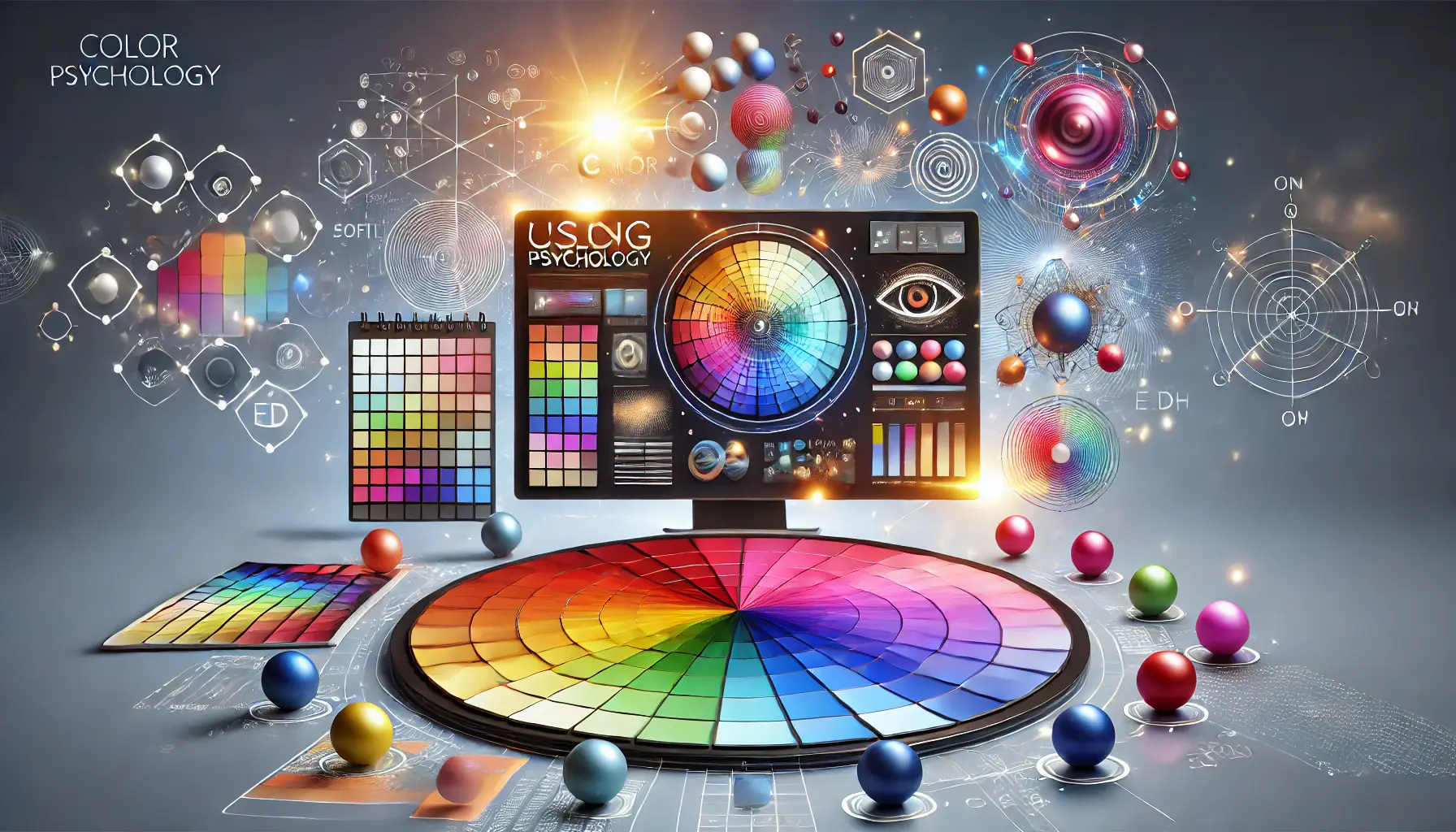 A vibrant image showcasing a color wheel, color palettes, and a digital screen with emotionally engaging ads, surrounded by abstract elements representing emotions and decision-making.