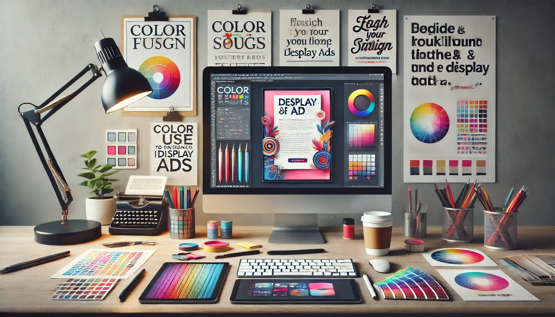 A creative workspace with a desktop displaying a colorful ad design and tools like color swatches and font samples.