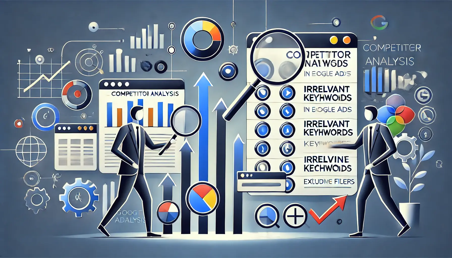 Abstract representation of competitor analysis for identifying irrelevant keywords, featuring analysis charts and filters.