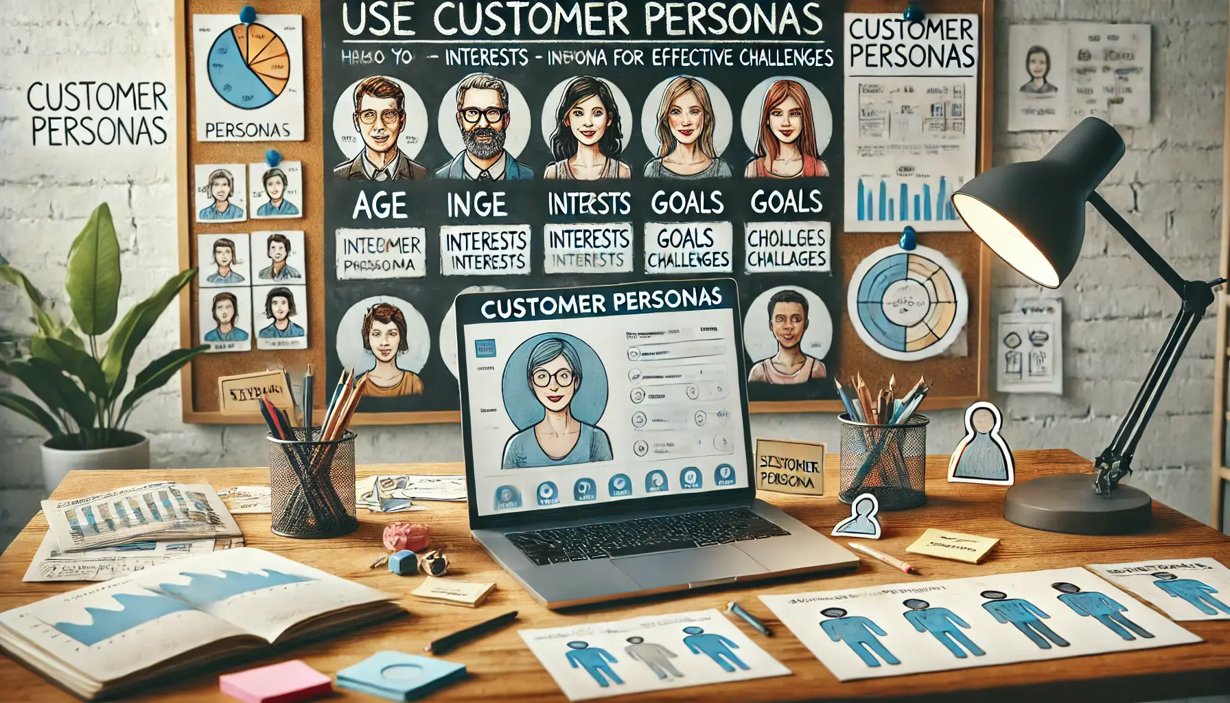 A workspace with a laptop displaying a customer persona template, paper personas pinned on a board, and notes reflecting ideas for effective communication.