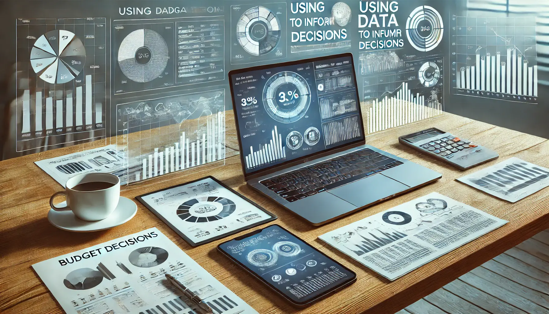 A professional workspace with a laptop showing data analysis, performance metrics on a tablet and smartphone, and financial reports, symbolizing data-driven budget decisions.