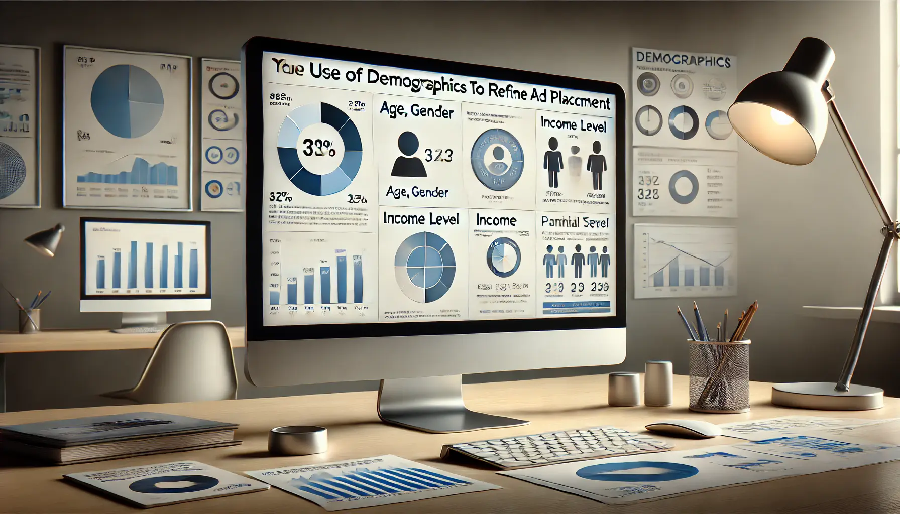 A computer screen displaying demographic targeting options such as age, gender, and income level, surrounded by data analysis visuals.