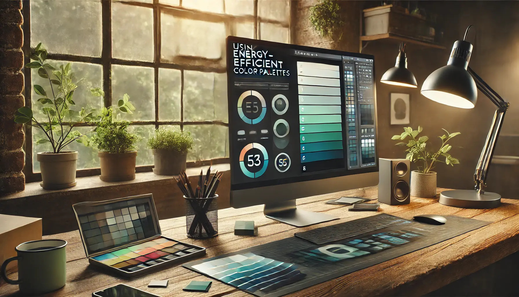 Illustration showing a designer's screen displaying an energy-efficient color palette with dark, muted tones like deep blues, greens, and grays.