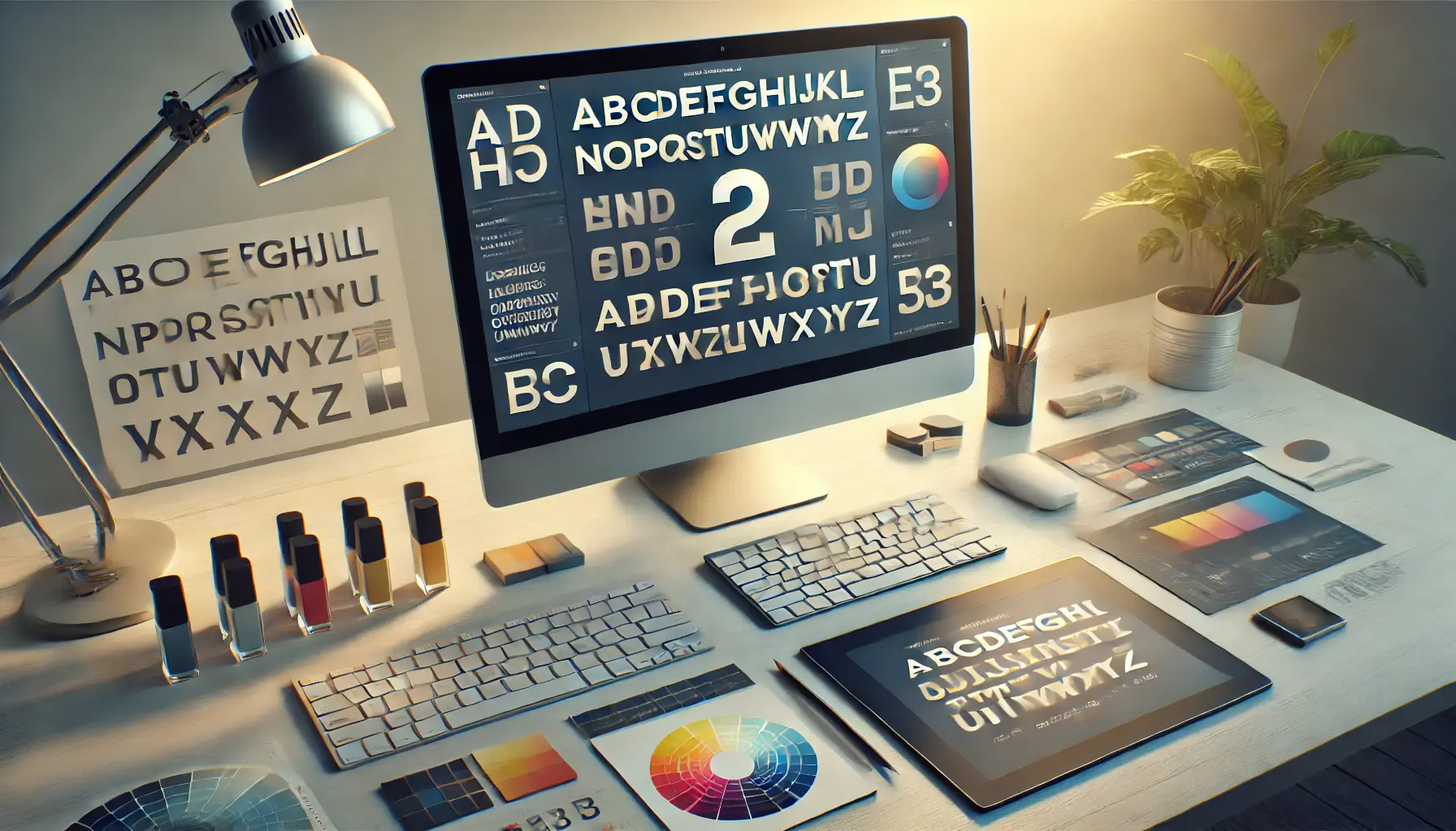 A digital workspace showcasing a balanced design using contrasting font pairings, one bold and one clean, with typography guides and color swatches.