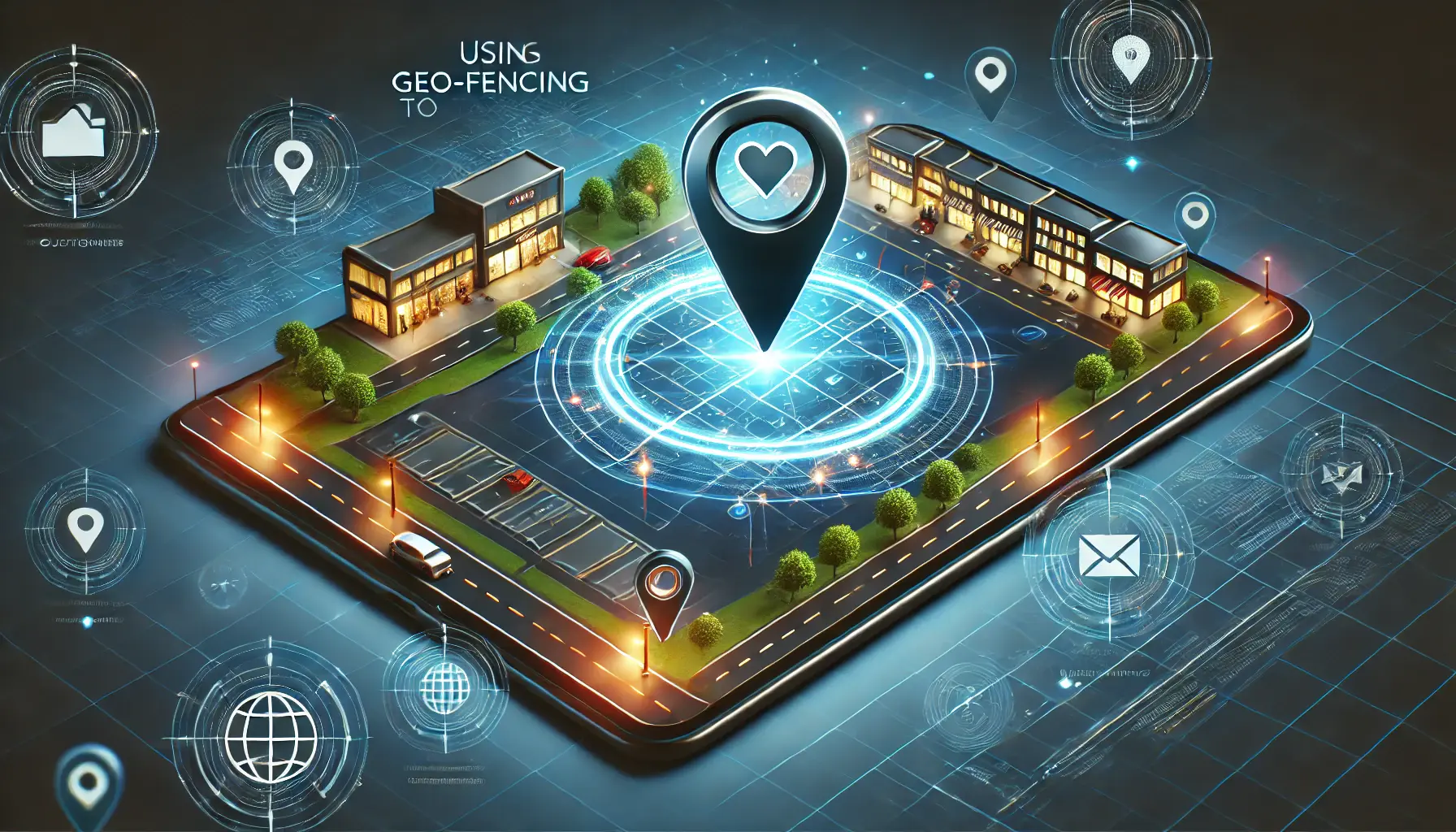 A digital map with a glowing geo-fence boundary around a specific area, showing a smartphone displaying a location pin inside the geo-fenced area.