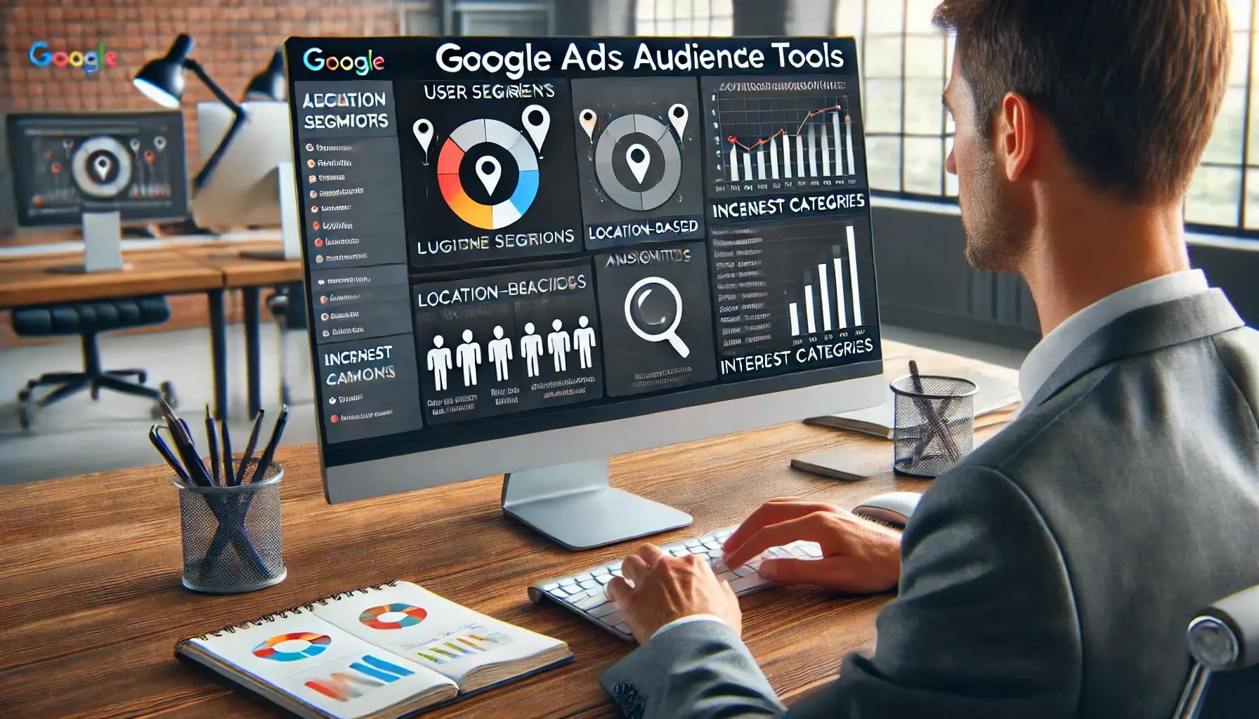 A digital marketer analyzing audience segmentation data on a computer screen using Google Ads tools in a modern office.