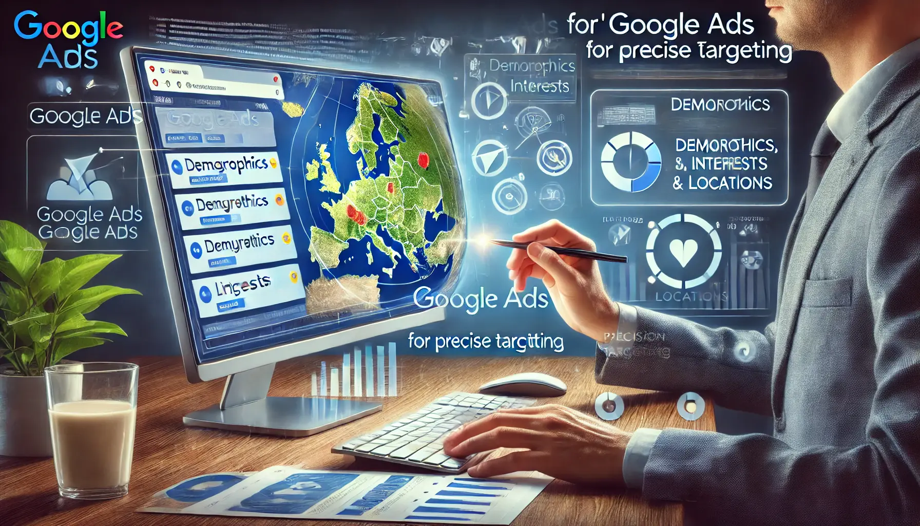 An illustration of a marketer using Google Ads to precisely target audiences based on demographics, interests, and locations.