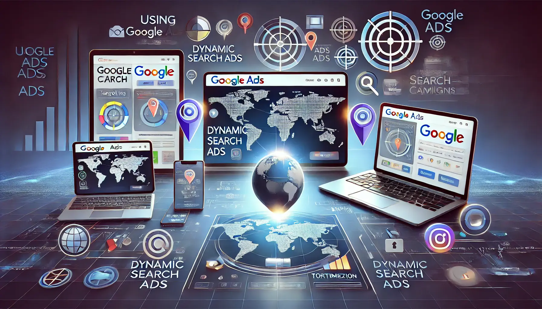 A visual representation of multiple devices displaying Google Ads management interfaces with elements like location targeting and language selection tools, emphasizing multilingual campaign management.