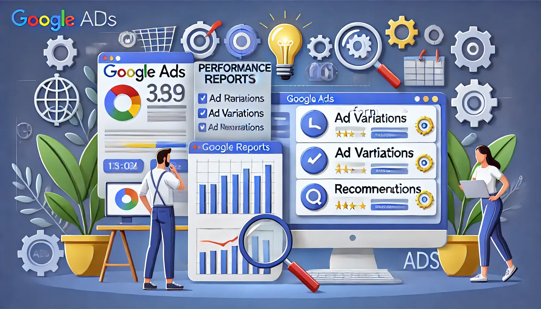 A marketer analyzing a Google Ads dashboard with tools like Performance Reports and Recommendations, surrounded by analytics icons.