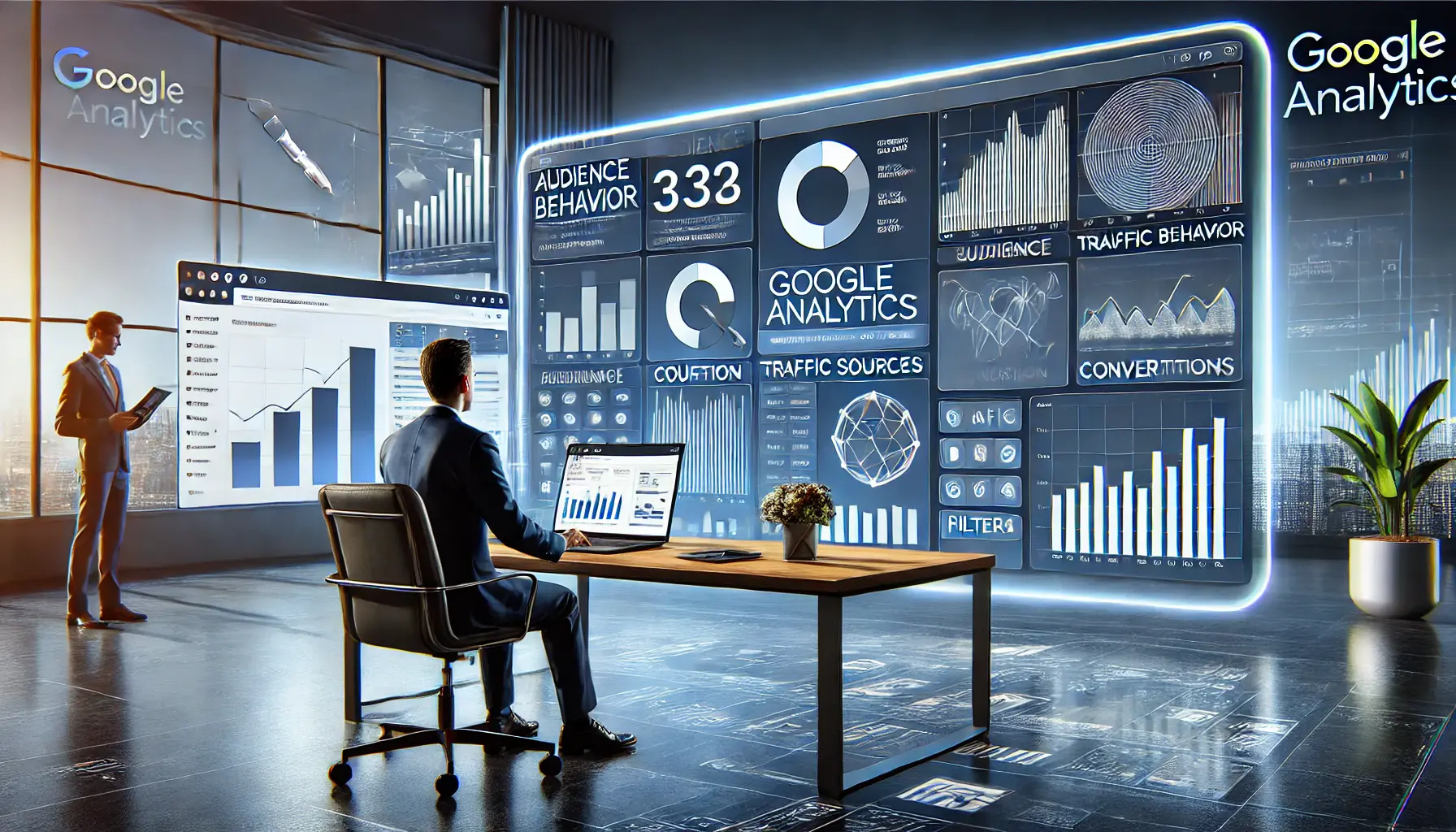 A marketer analyzing Google Analytics dashboards displaying audience behavior, traffic sources, and conversion metrics.