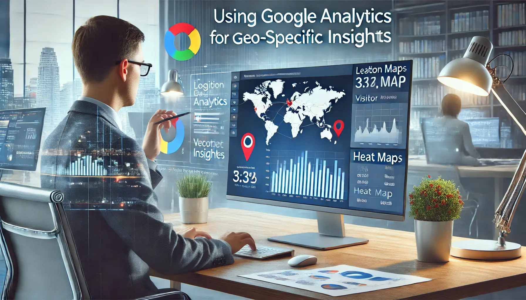 A digital marketer working on a computer with a Google Analytics dashboard showing geo-specific data and heat maps.