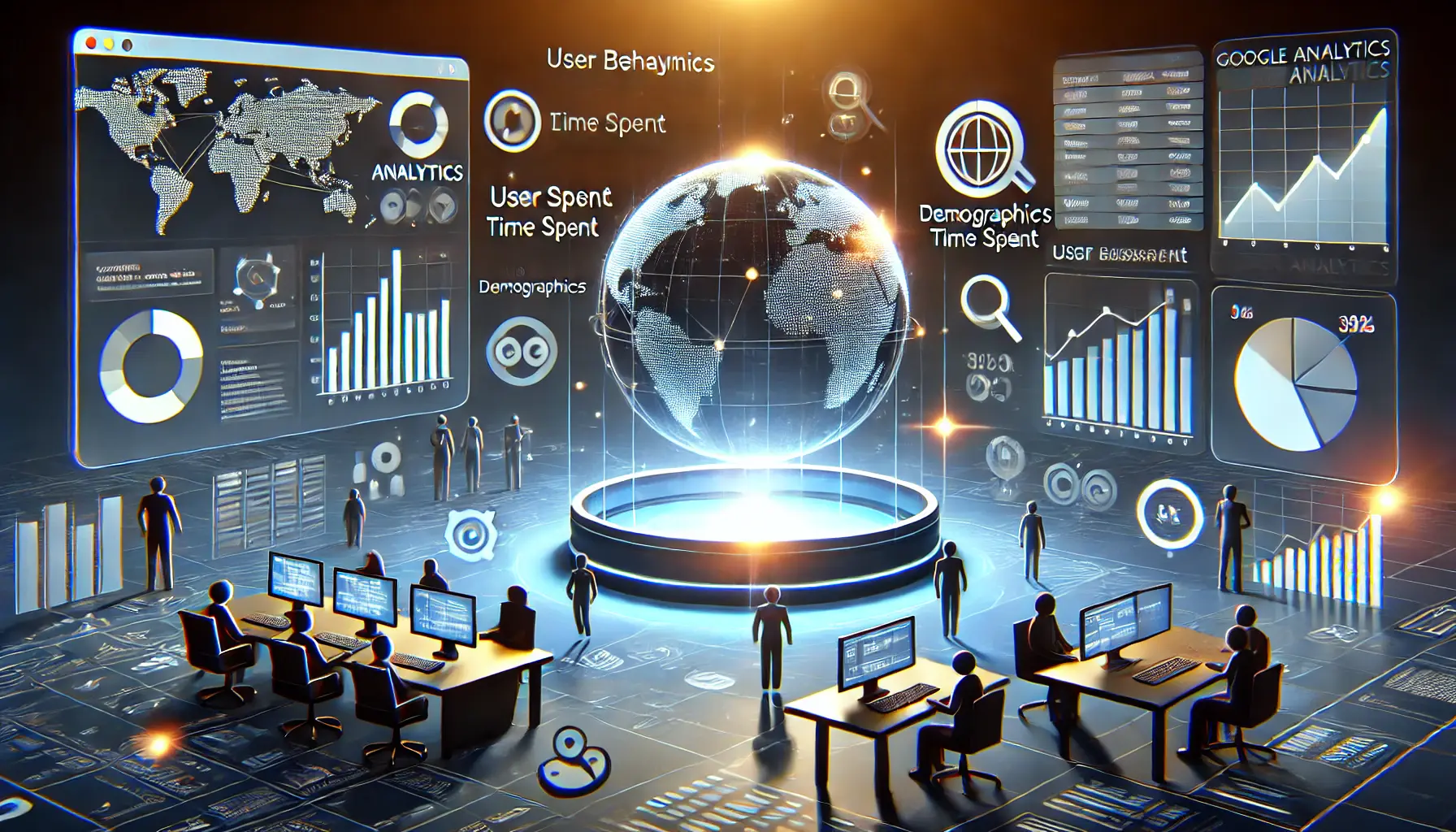 An image featuring an analytics dashboard with graphs and data points, alongside user behavior icons and a glowing globe, symbolizing insights from Google Analytics.