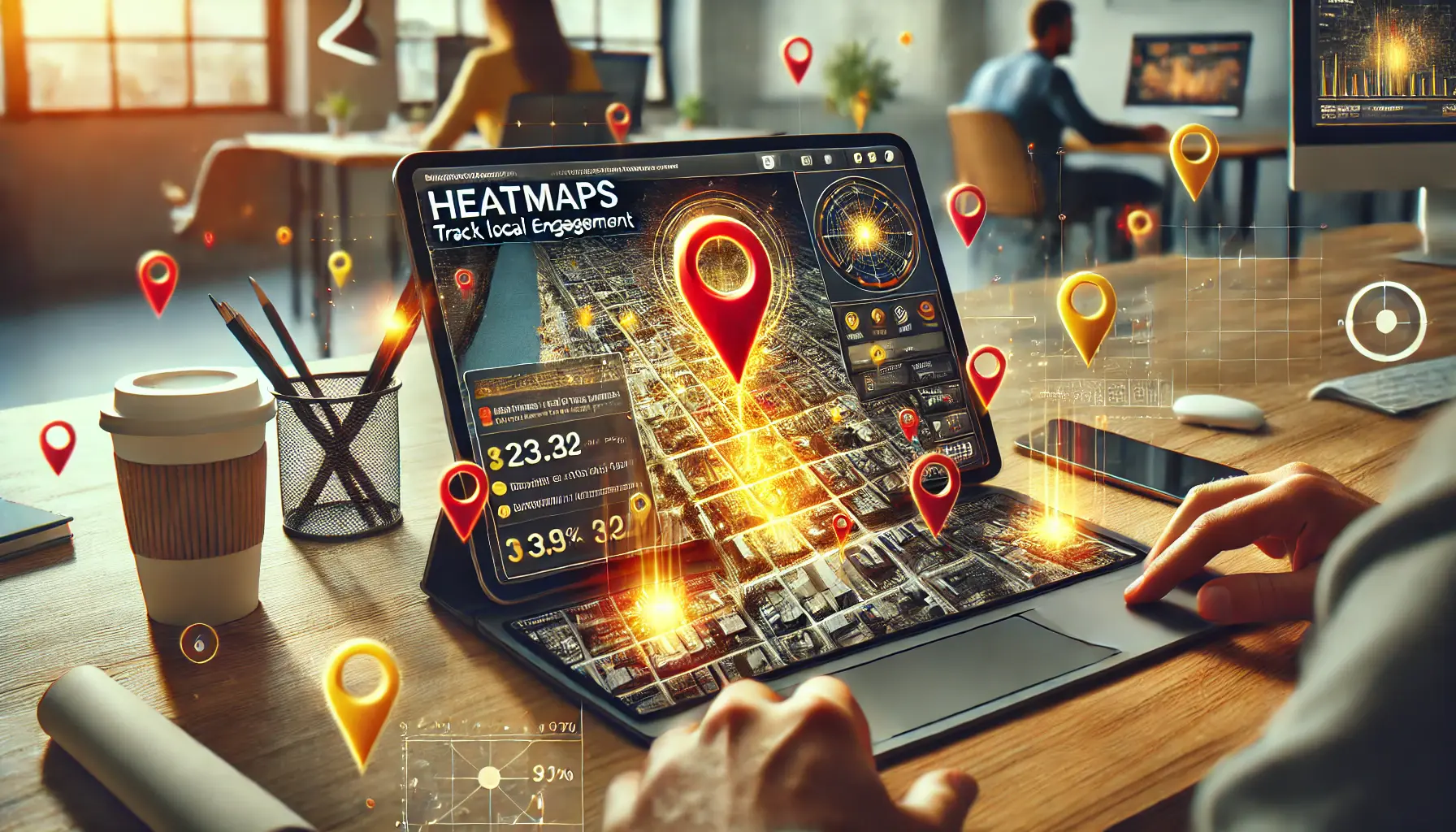 A person analyzing heatmap data on a laptop, with areas of high engagement highlighted in warm colors in a modern workspace.