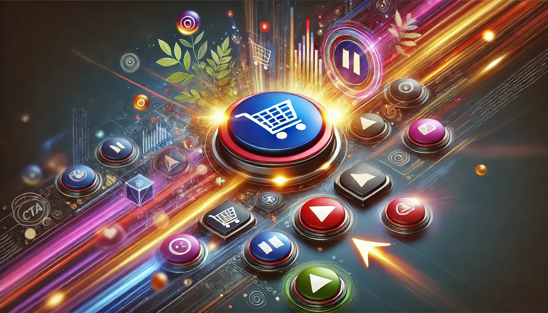 A vibrant illustration of CTA buttons enhanced with icons like shopping carts, play buttons, and arrows, emphasizing their role in boosting click-through rates.