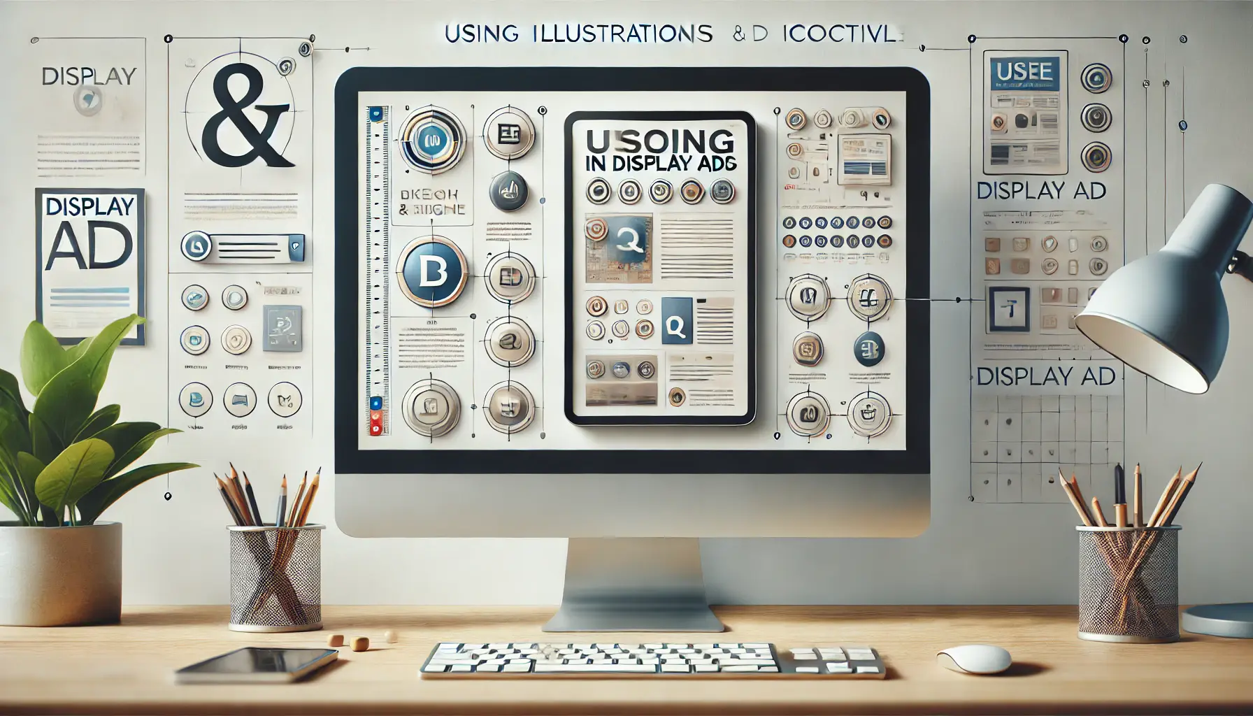 A digital workspace with a computer screen displaying an ad design using simple and clean illustrations and icons to enhance the visual message.