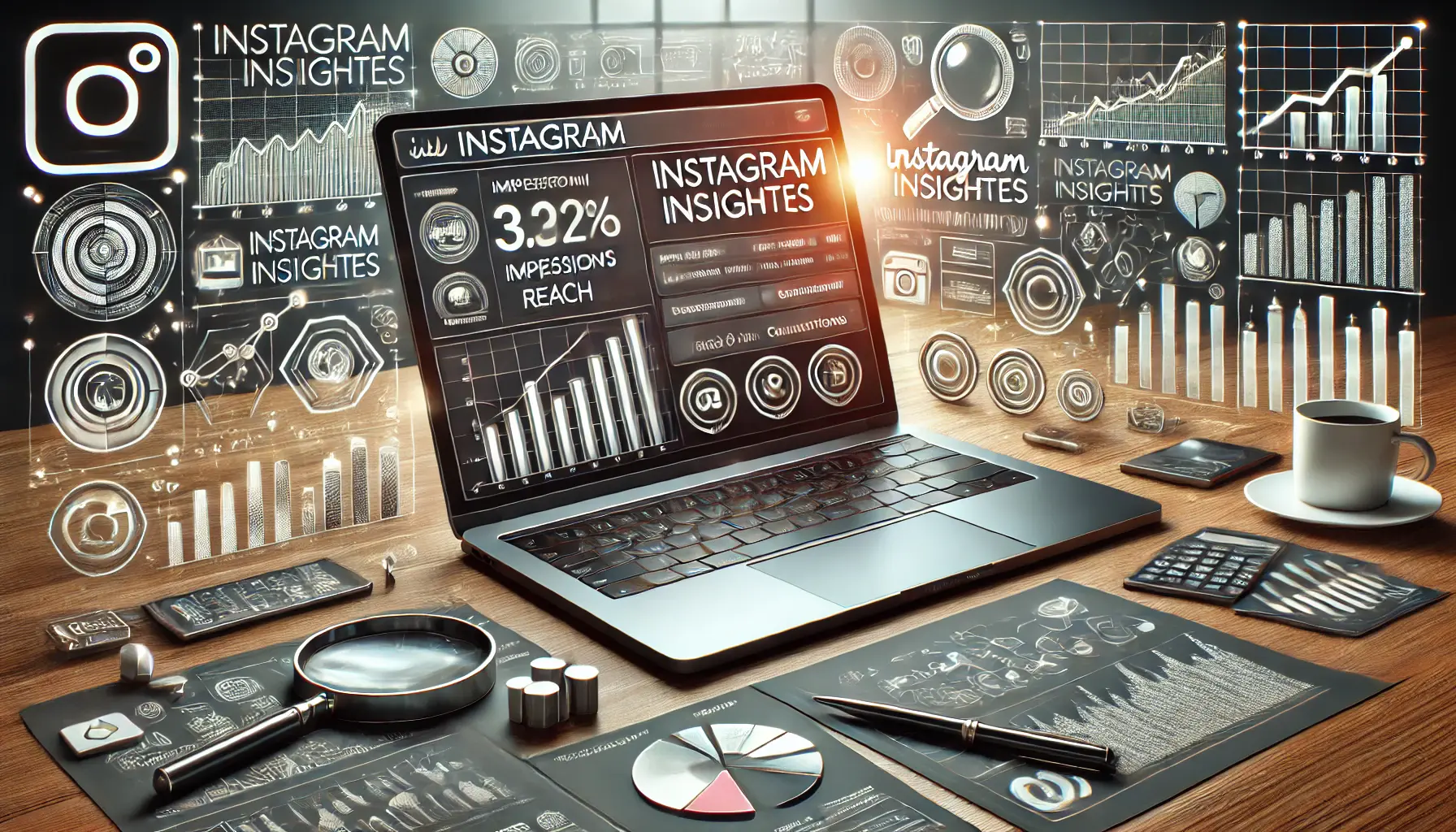 Illustration of a laptop displaying Instagram Insights with charts and graphs for metrics like impressions, engagement, and conversions, surrounded by analytics icons such as magnifying glasses and bar graphs.