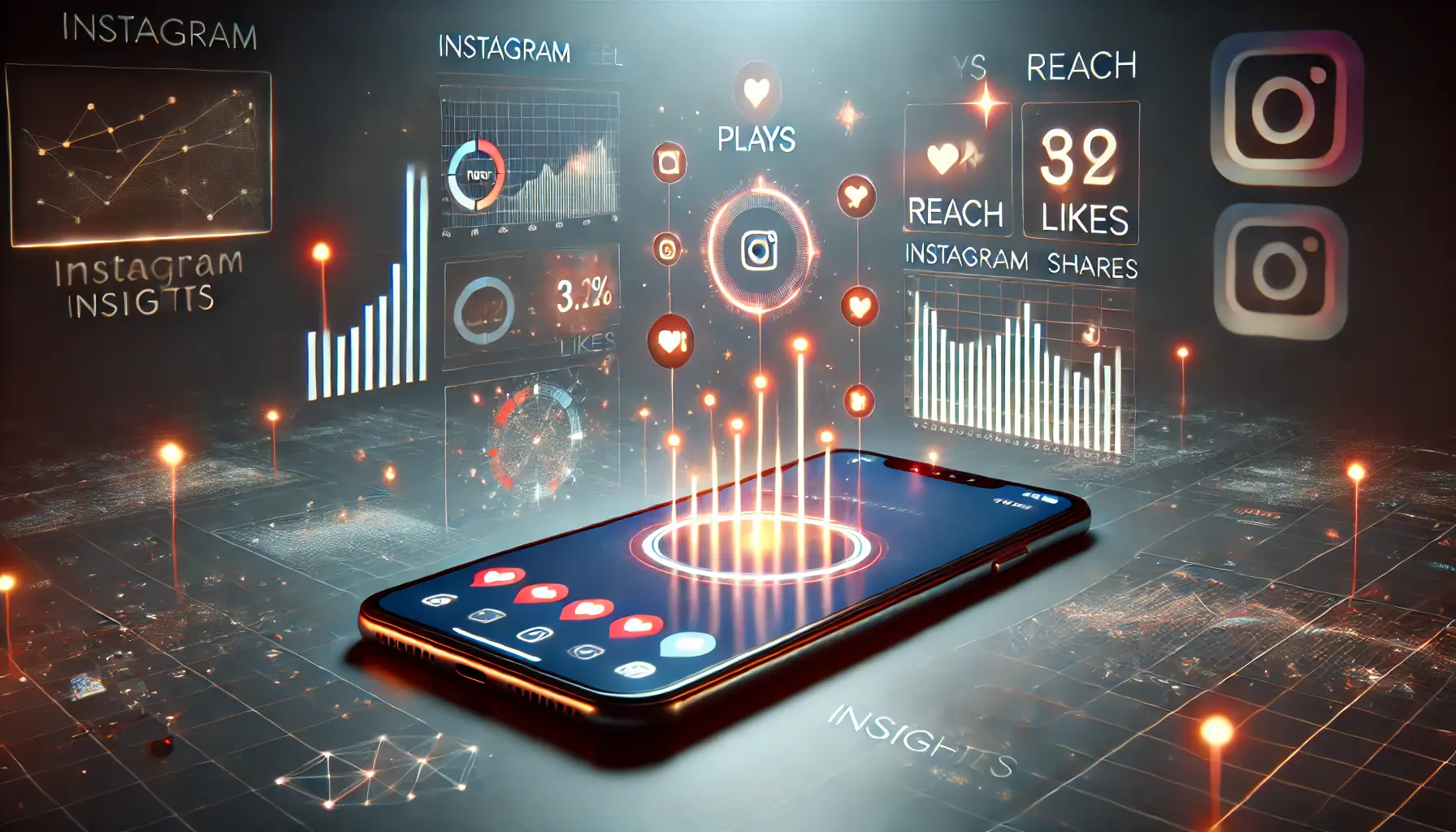 An image showing a smartphone displaying an Instagram Reel with glowing icons representing metrics like plays, reach, likes, and shares, surrounded by data analysis elements.