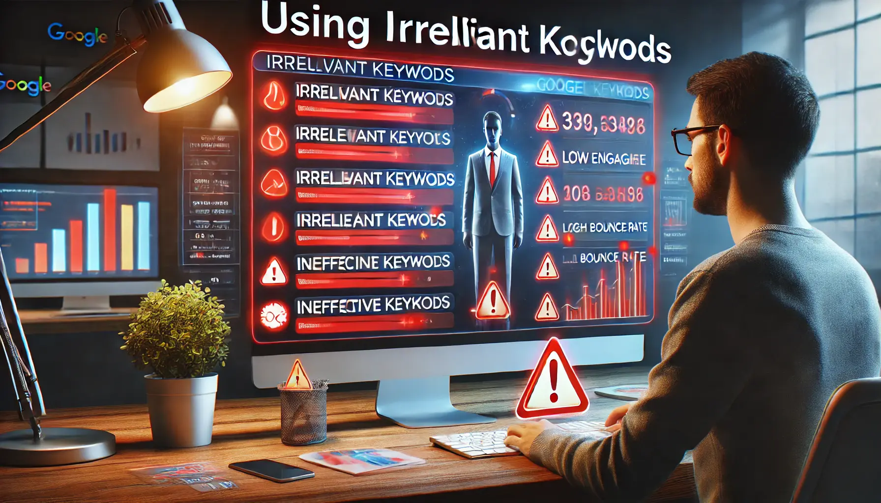 A digital marketer analyzing a dashboard with irrelevant keywords highlighted in red and warning signs.