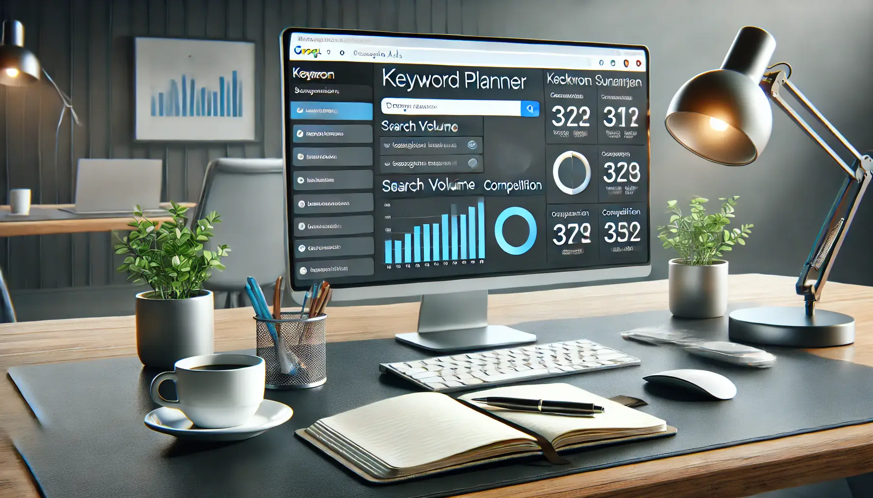 A modern workspace with a computer screen displaying the Google Ads Keyword Planner tool, showing keyword suggestions, search volume, and competition data.