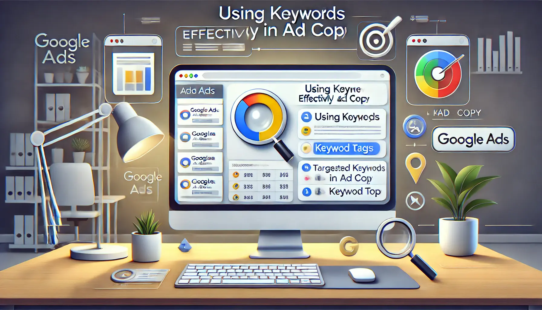 A professional workspace with a computer screen displaying a Google Ads campaign interface, surrounded by icons like a magnifying glass, search bar, and keyword tags.