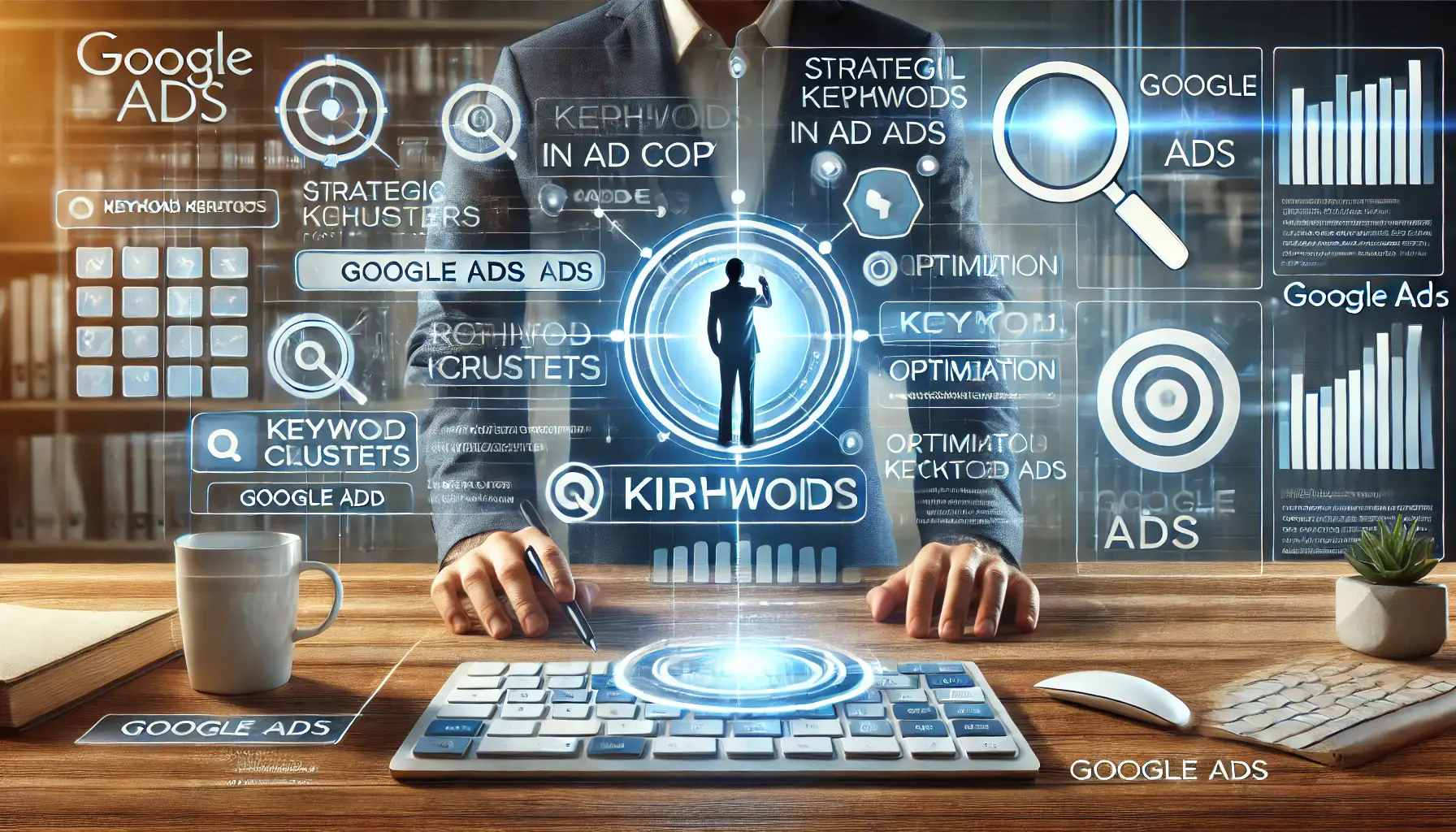 A marketer analyzing keyword clusters on a digital dashboard with optimization symbols like a magnifying glass and target icons.