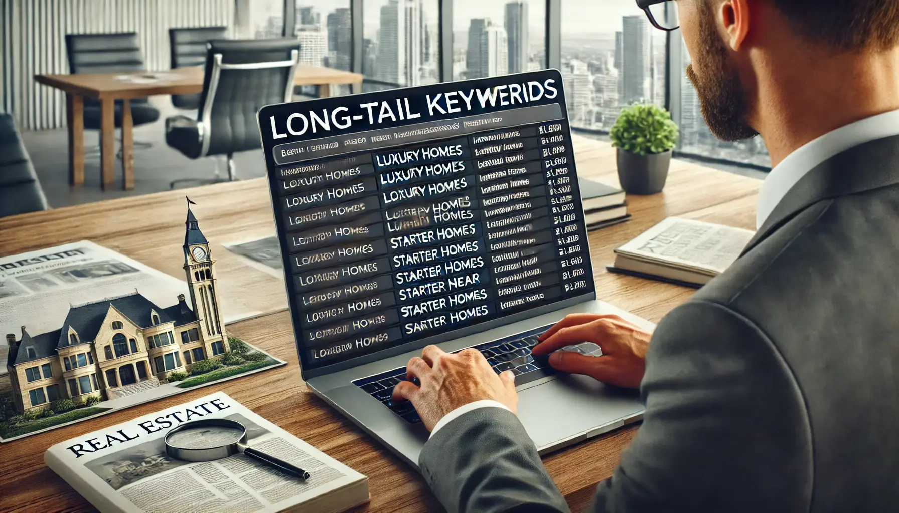 A real estate agent reviewing a list of long-tail keywords on a laptop in a modern office.