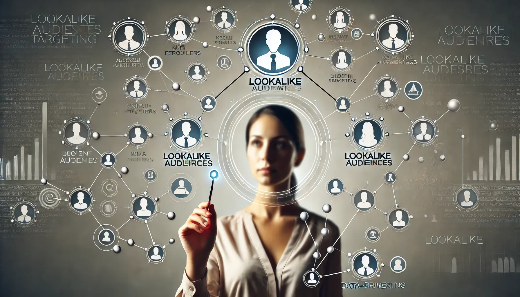 An image illustrating the concept of using lookalike audiences in digital marketing, with clusters of similar user profiles and connections.